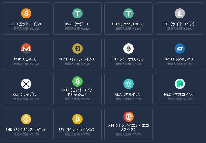 カジノインでは全１５種類の仮想通貨（暗号通貨）が利用できます！