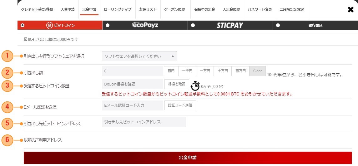 ビットコインの出金画面