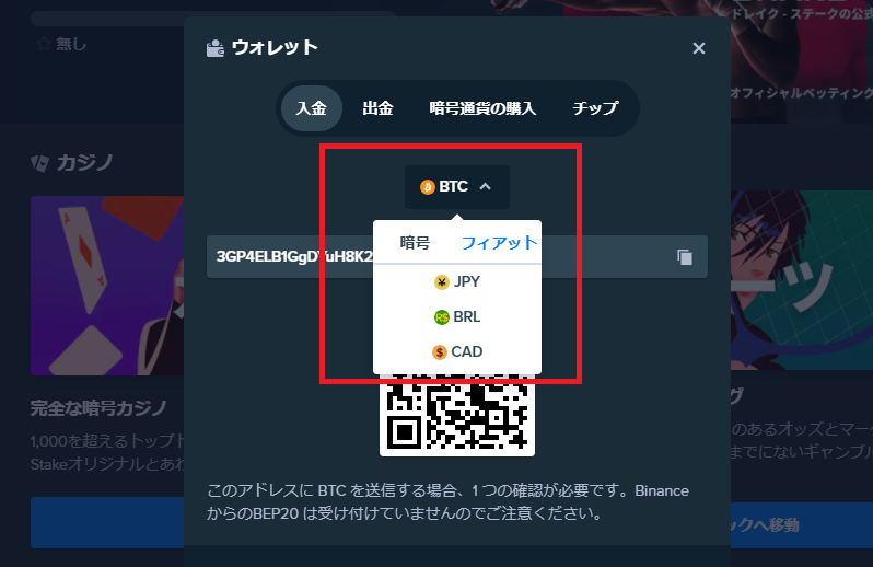 ステークカジノ　入金方法　JPYを選択